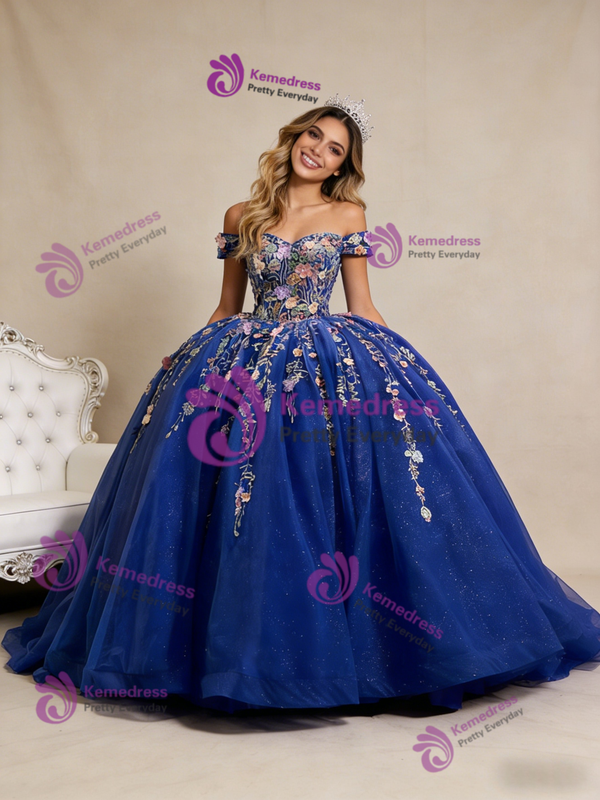Royal Blue Ball Gown Tulle Appliques Off the Shoulder Prom Dress