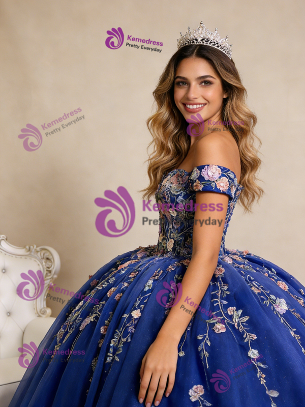 Royal Blue Ball Gown Tulle Appliques Off the Shoulder Prom Dress