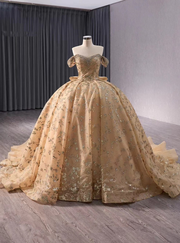 Champagne Gold Tulle Sequins Beading Prom Dress