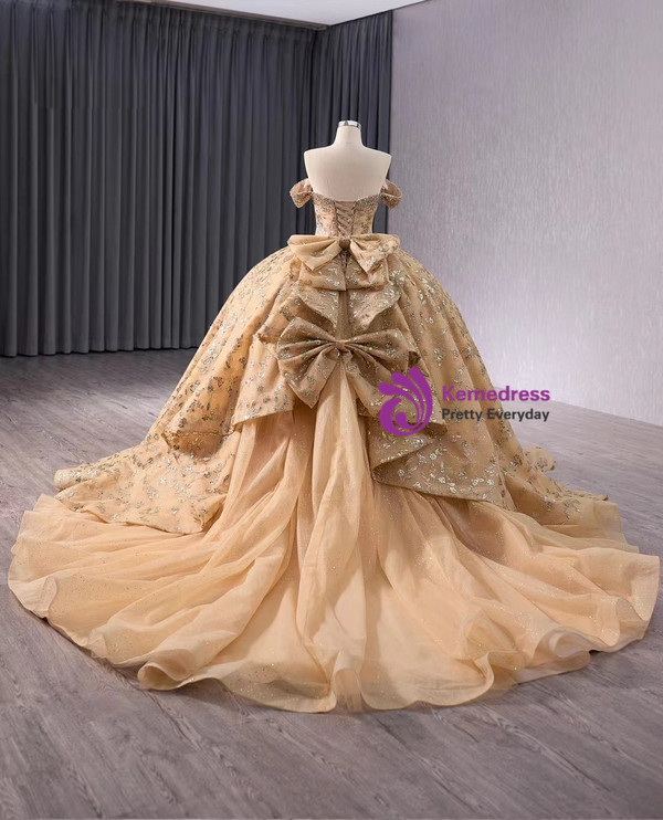 Champagne Gold Tulle Sequins Beading Prom Dress