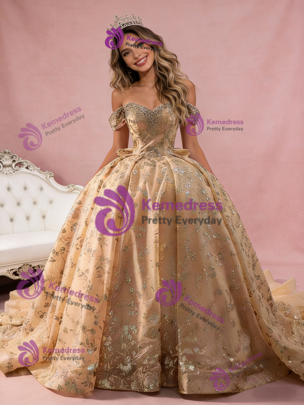 Champagne Gold Tulle Sequins Beading Prom Dress