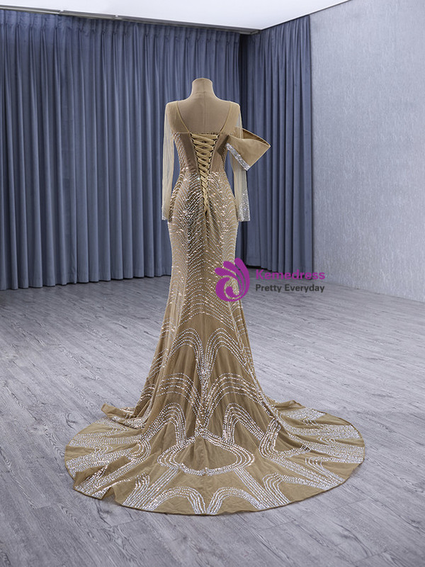 Sexy Champagne Mermaid Long Sleeve Beading Prom Dress