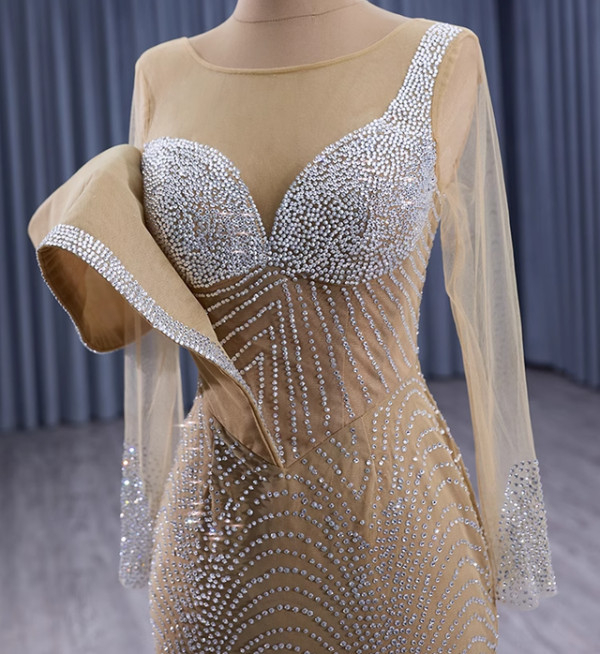 Sexy Champagne Mermaid Long Sleeve Beading Prom Dress