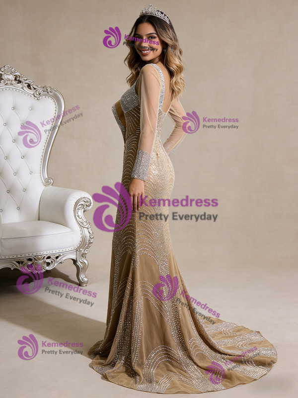 Sexy Champagne Mermaid Long Sleeve Beading Prom Dress