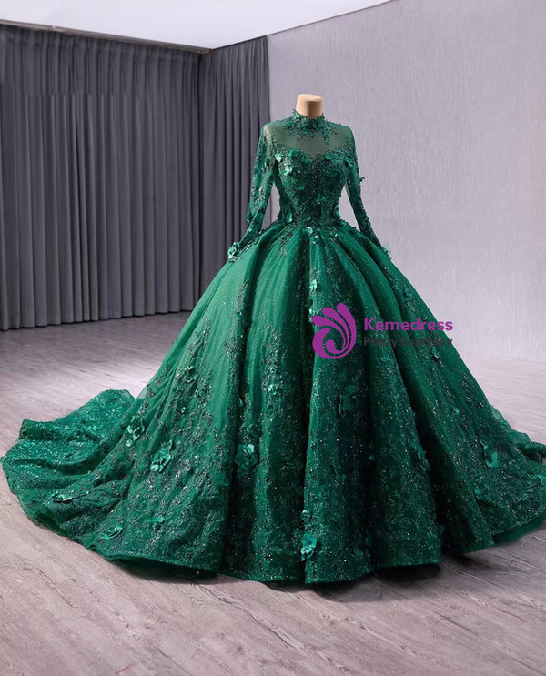 Green Tulle Sequins Long Sleeve Backless Prom Dress