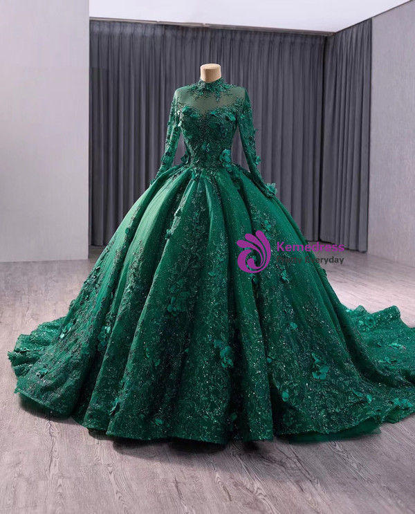 Green Tulle Sequins Long Sleeve Backless Prom Dress