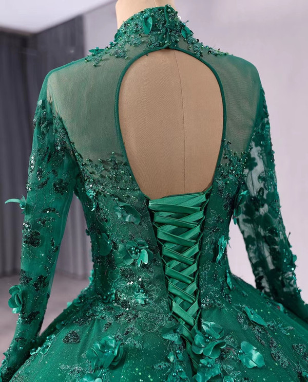Green Tulle Sequins Long Sleeve Backless Prom Dress
