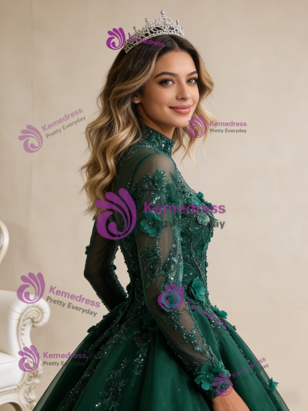 Green Tulle Sequins Long Sleeve Backless Prom Dress