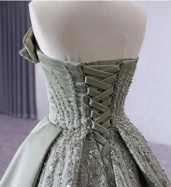 Simple Green Satin Strapless Sequins Beading Prom Dress