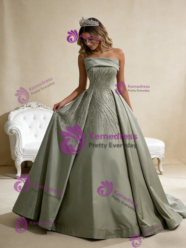 Simple Green Satin Strapless Sequins Beading Prom Dress