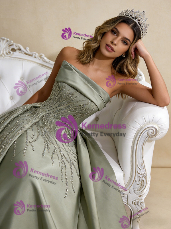 Simple Green Satin Strapless Sequins Beading Prom Dress