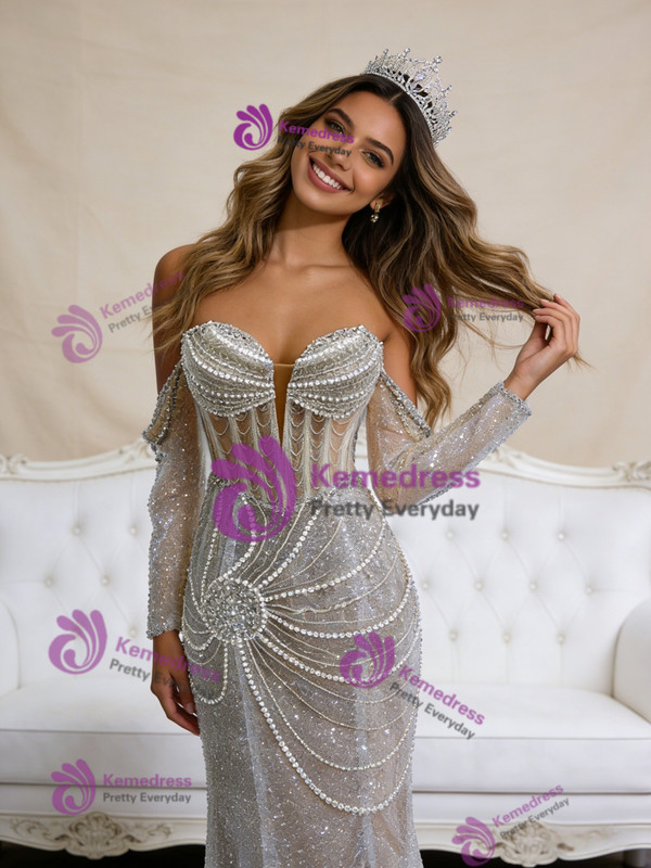 Mermaid Sequins Long Sleeve Strapless Pearls Wedding Dress