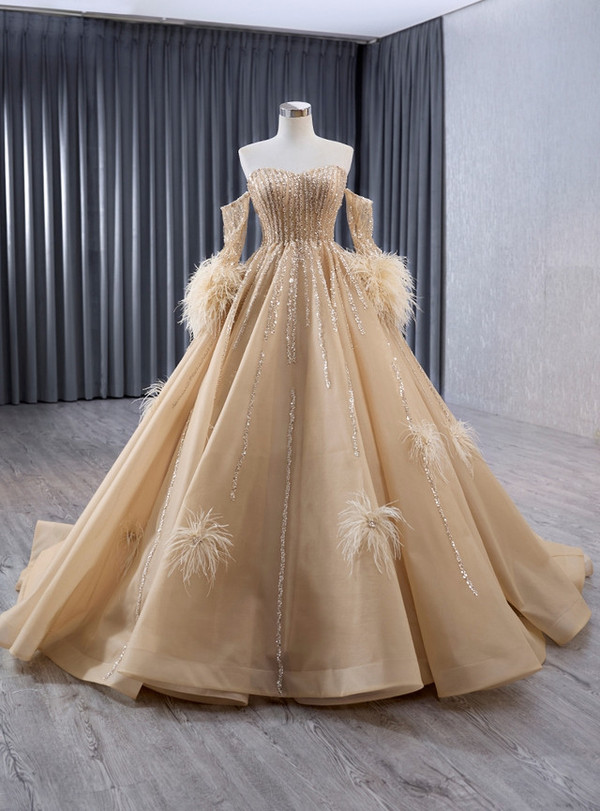 Champagne Tulle Sequins Strapless Prom Dress 