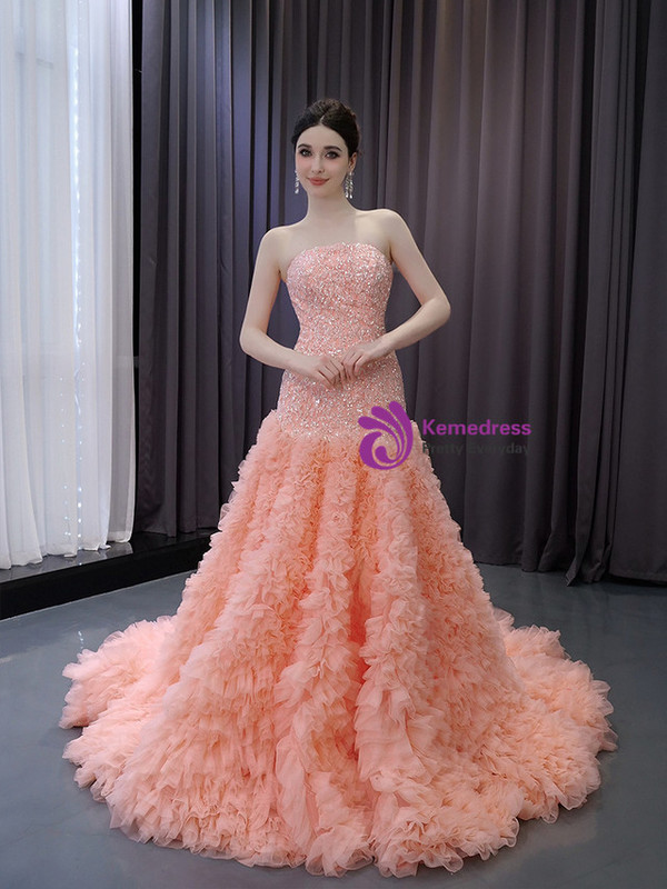 Orange Pink Strapless Tiers Sequins Prom Dress