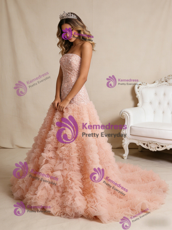 Orange Pink Strapless Tiers Sequins Prom Dress