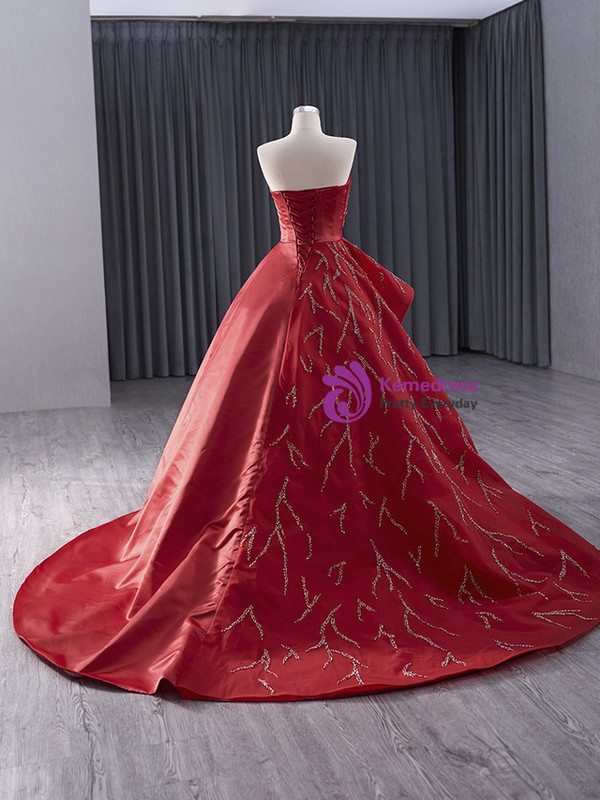 Red Satin Strapless Beading Sequins Prom Dress