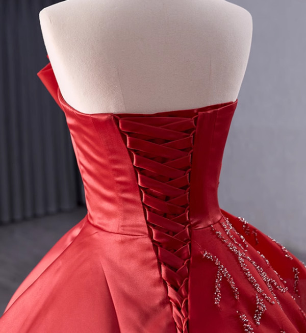 Red Satin Strapless Beading Sequins Prom Dress