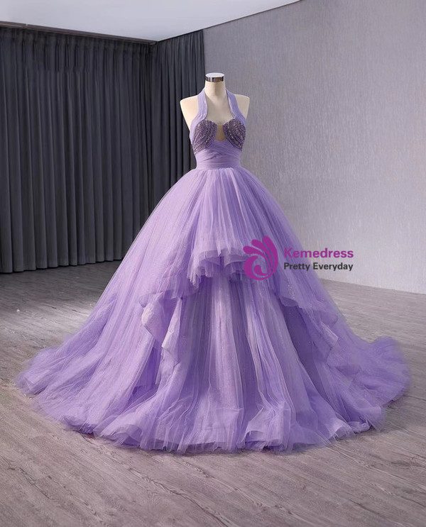 Purple Tulle Halter Pleats Beading Prom Dress