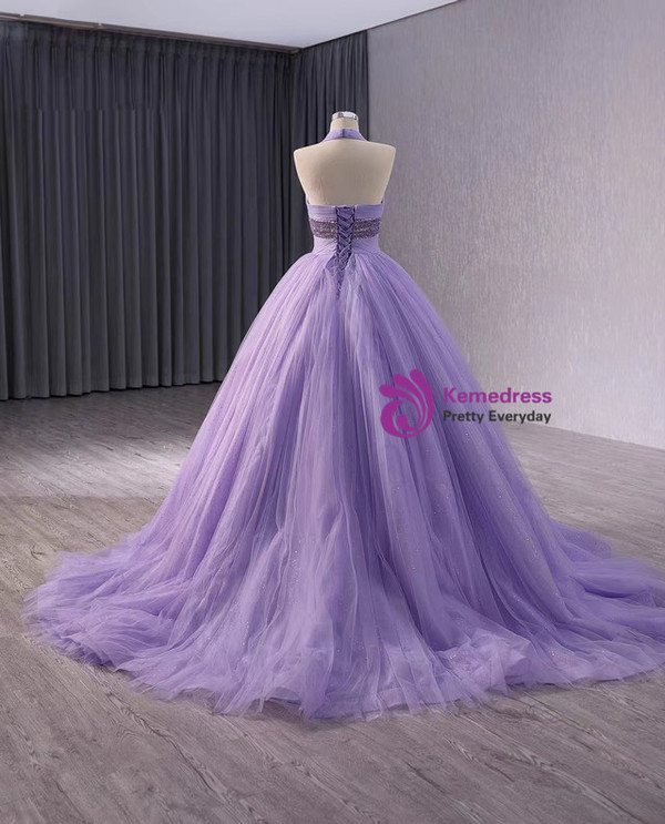 Purple Tulle Halter Pleats Beading Prom Dress