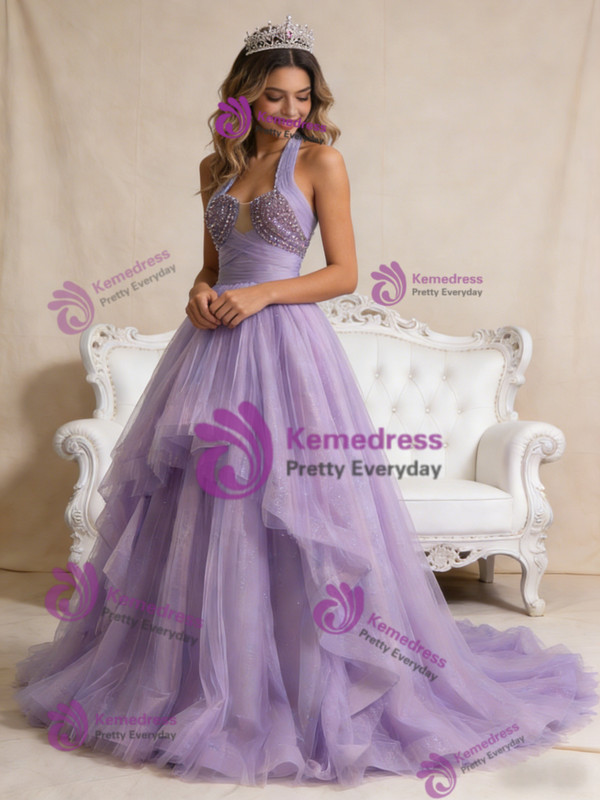 Purple Tulle Halter Pleats Beading Prom Dress
