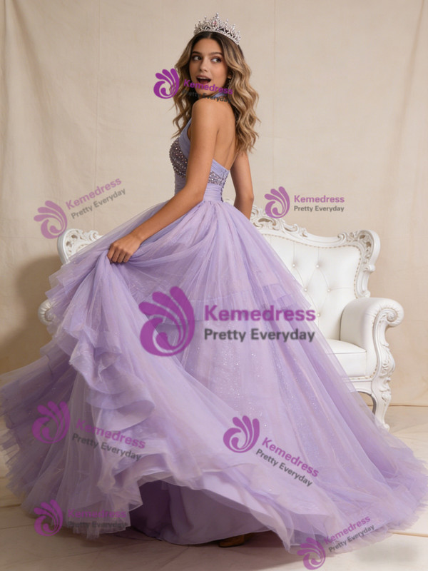 Purple Tulle Halter Pleats Beading Prom Dress