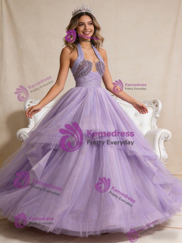 Purple Tulle Halter Pleats Beading Prom Dress