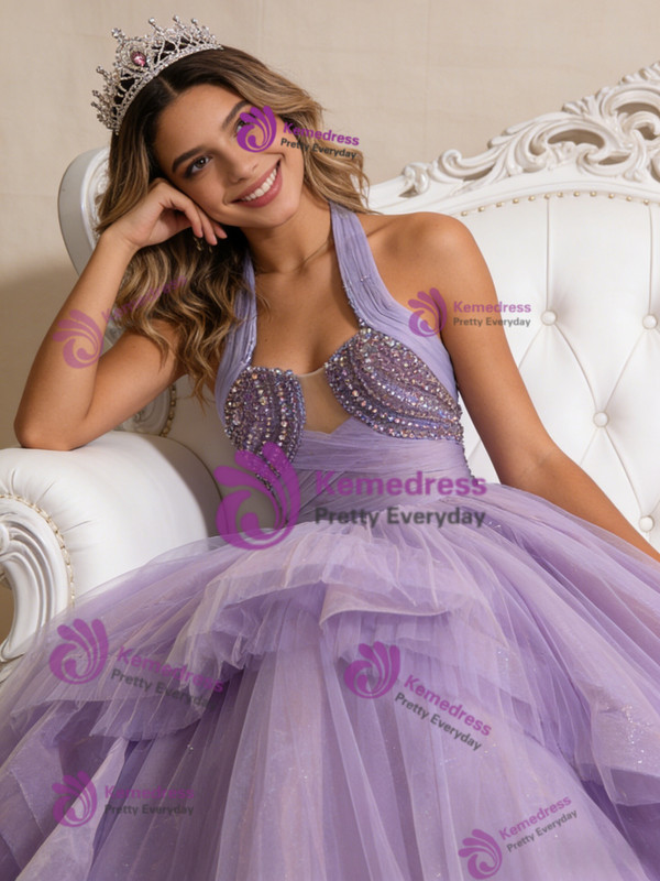 Purple Tulle Halter Pleats Beading Prom Dress