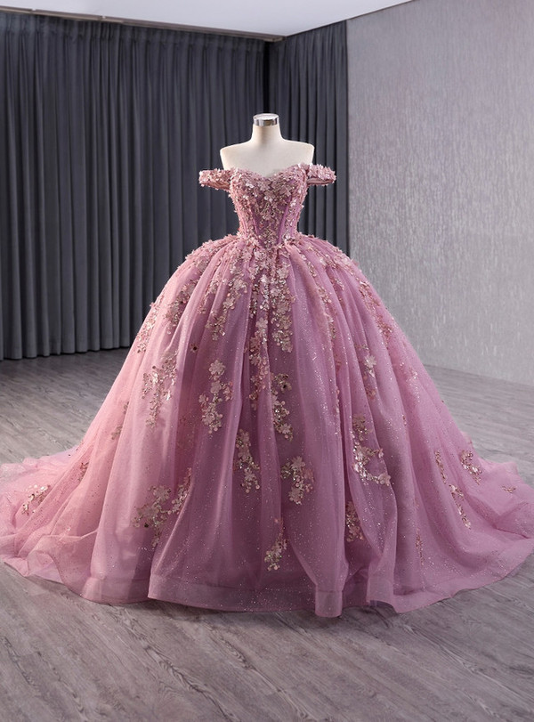 Pink Tulle Sequins 3D Flower Prom Dress