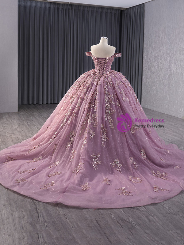 Pink Tulle Sequins 3D Flower Prom Dress