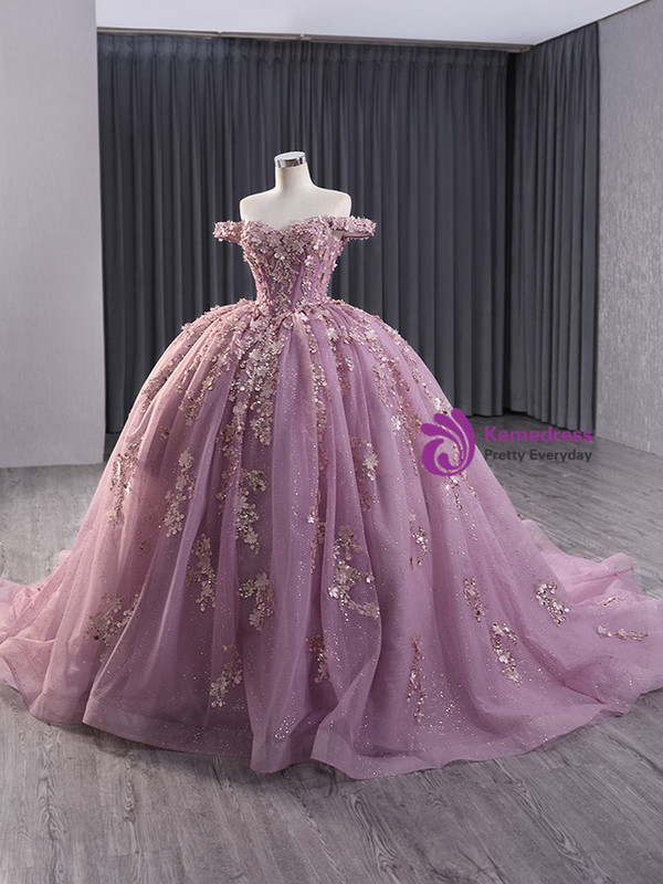 Pink Tulle Sequins 3D Flower Prom Dress