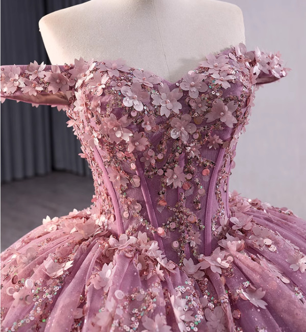 Pink Tulle Sequins 3D Flower Prom Dress