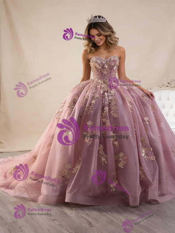 Pink Tulle Sequins 3D Flower Prom Dress