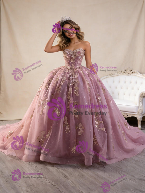 Pink Tulle Sequins 3D Flower Prom Dress