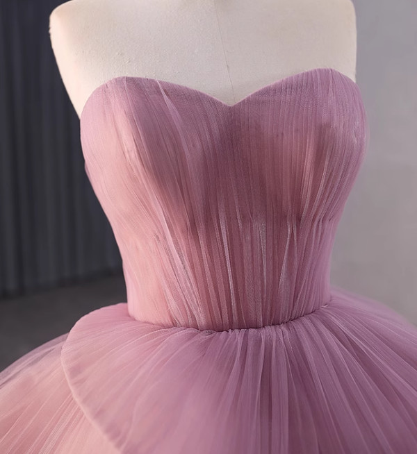 Princess Pink Tulle Strapless Tiers Pleats Prom Dress