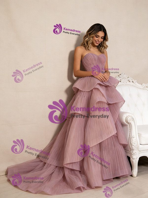 Princess Pink Tulle Strapless Tiers Pleats Prom Dress