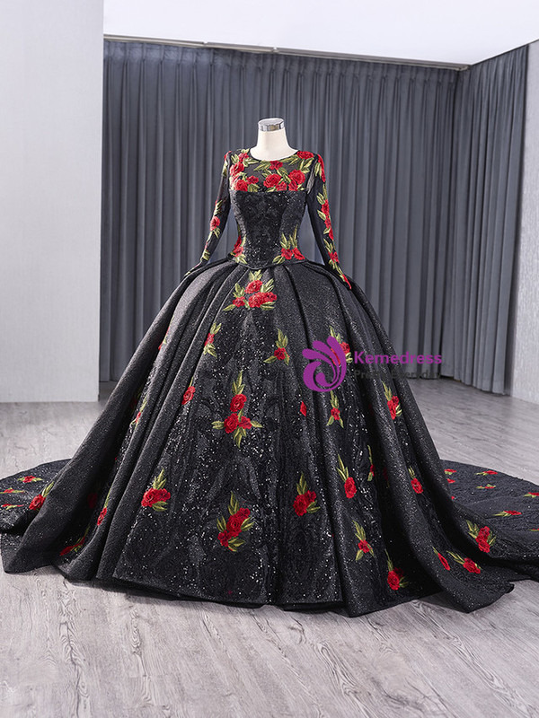 Black Ball Gown Sequins Long Sleeve Flower Prom Dress