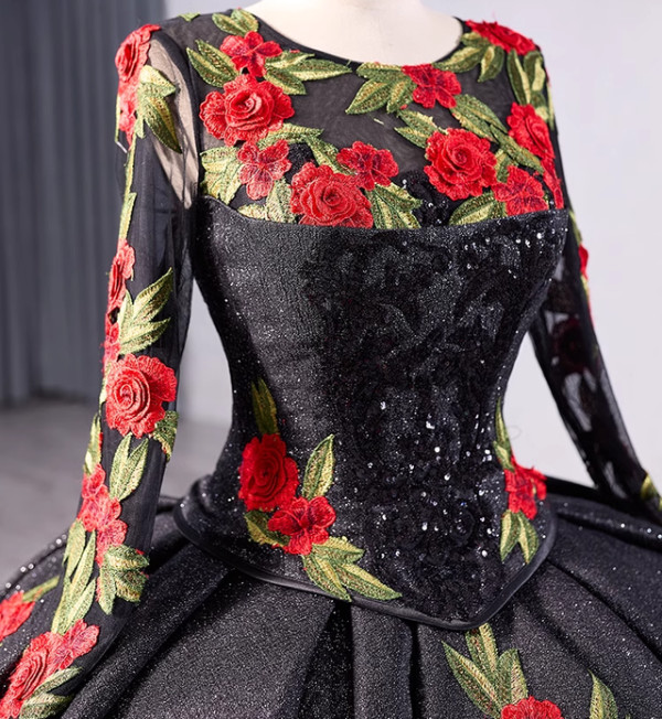 Black Ball Gown Sequins Long Sleeve Flower Prom Dress