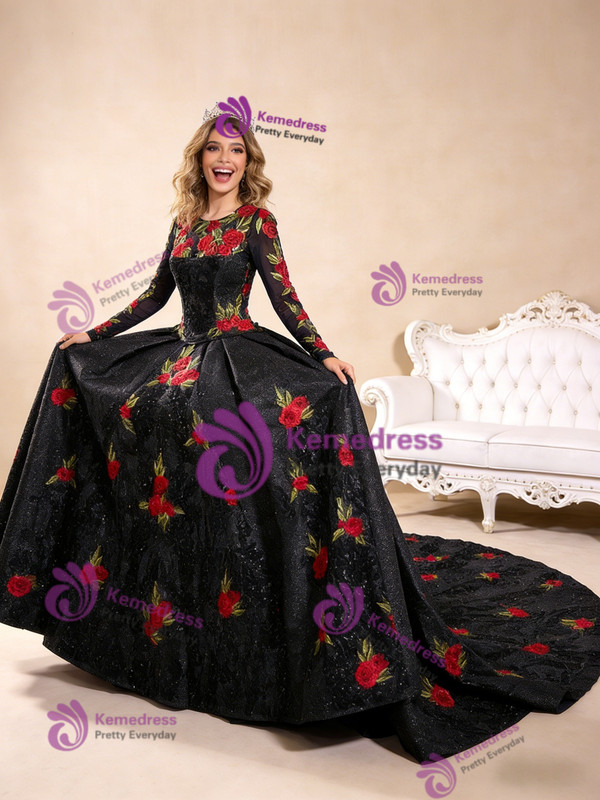 Black Ball Gown Sequins Long Sleeve Flower Prom Dress