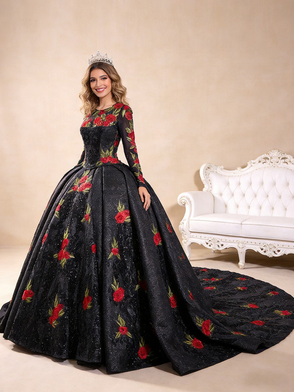 Black Ball Gown Sequins Long Sleeve Flower Prom Dress
