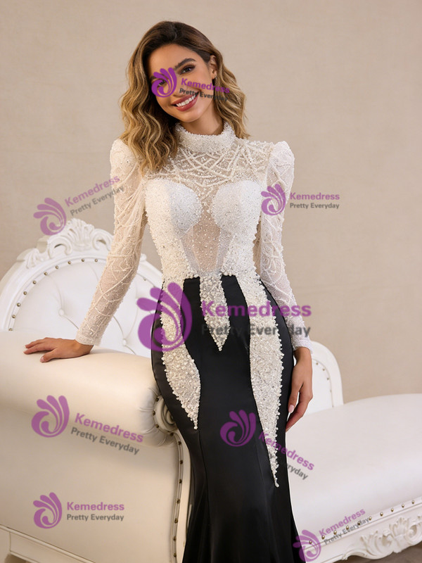 Sexy Black Mermaid Long Sleeve Pearls Prom Dress