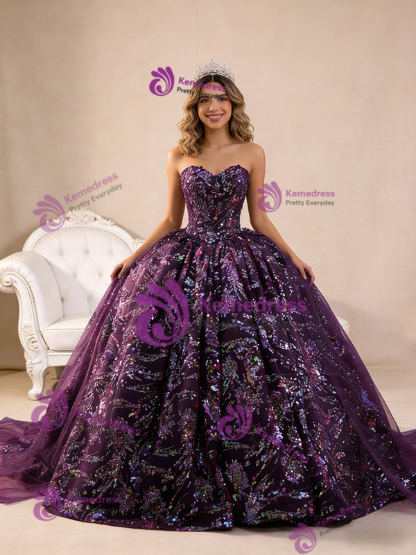 Vintage Ball Gown Purple Tulle Sequins Strapless Prom Dress