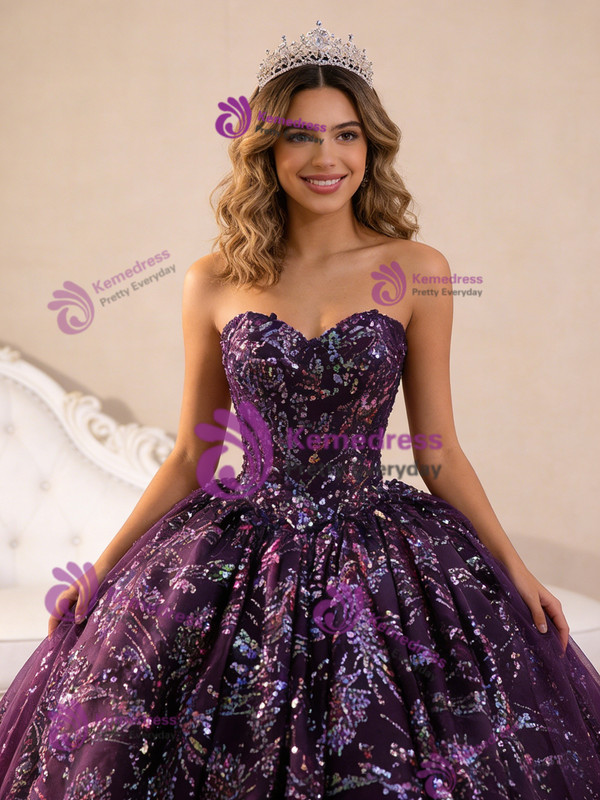 Vintage Ball Gown Purple Tulle Sequins Strapless Prom Dress