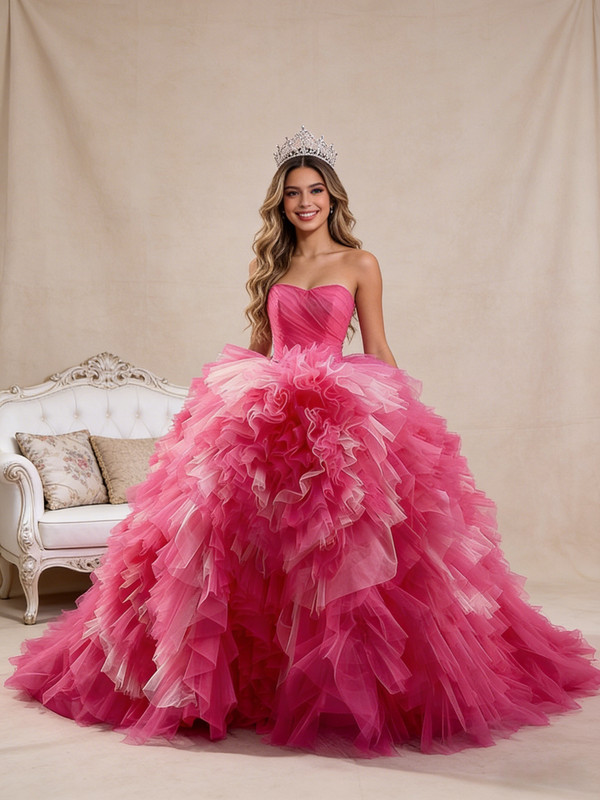 Fuchsia Tulle Strapless Tiers Princess Dress