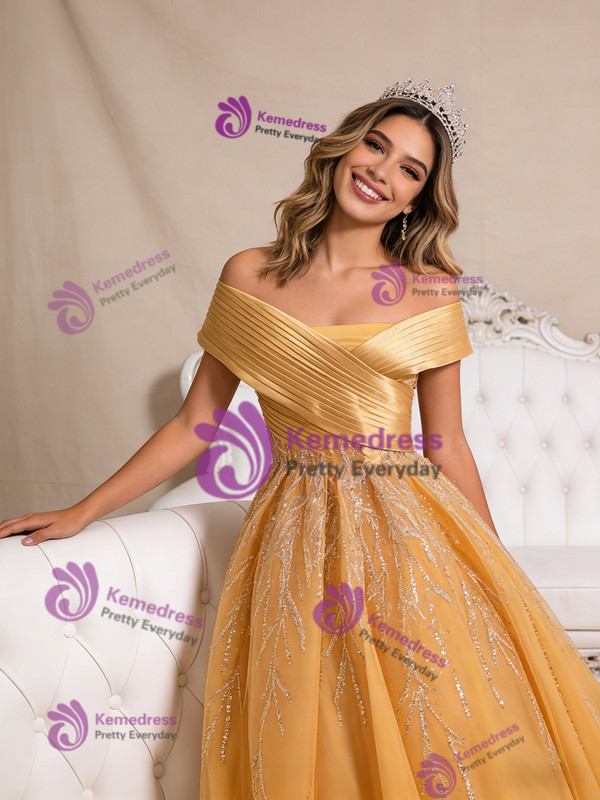 Gold Tulle Sequins Off the Shoulder Pleats Prom Dress