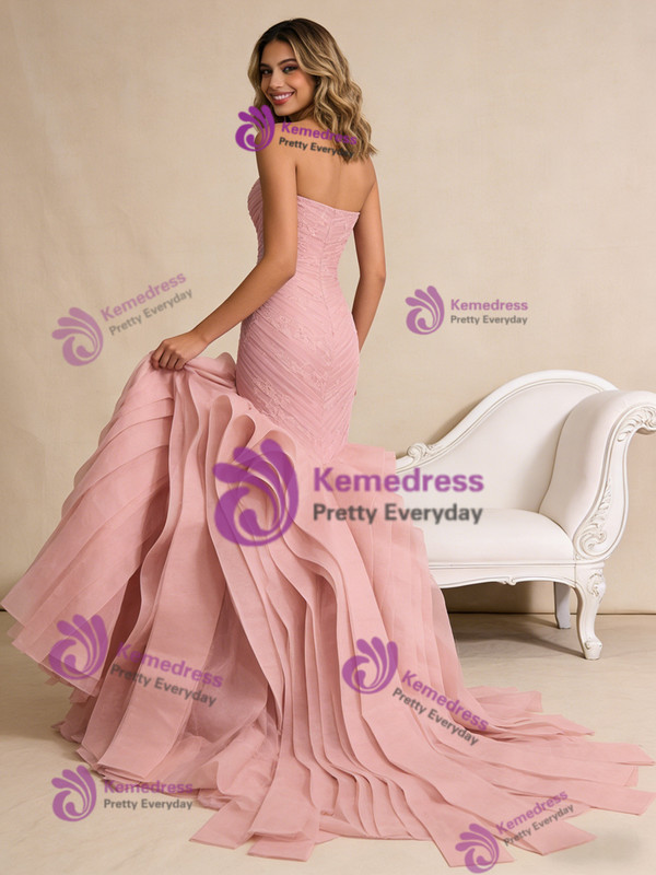 Pink Mermaid Tulle Appliques Strapless Pleats Prom Dress