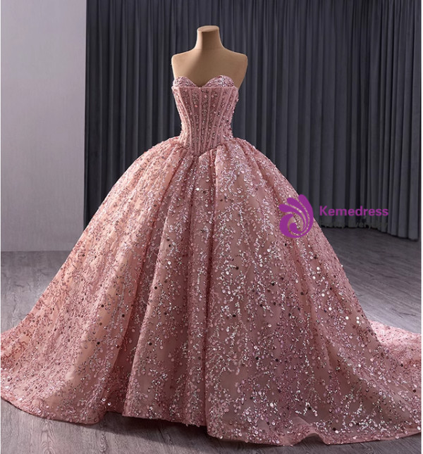 Princess Pink Ball Gown Sequins Beading Prom Dress