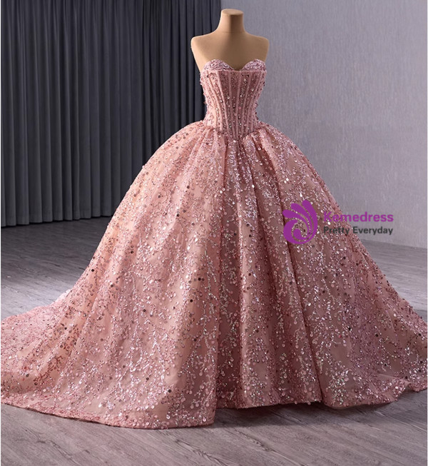 Princess Pink Ball Gown Sequins Beading Prom Dress