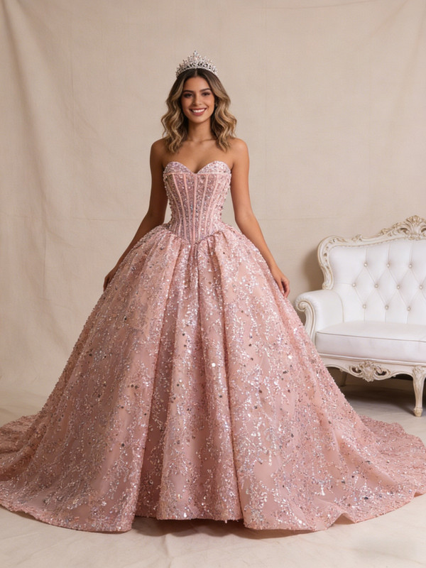Princess Pink Ball Gown Sequins Beading Prom Dress