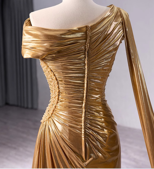Simple Gold Pleats Beading Prom Dress