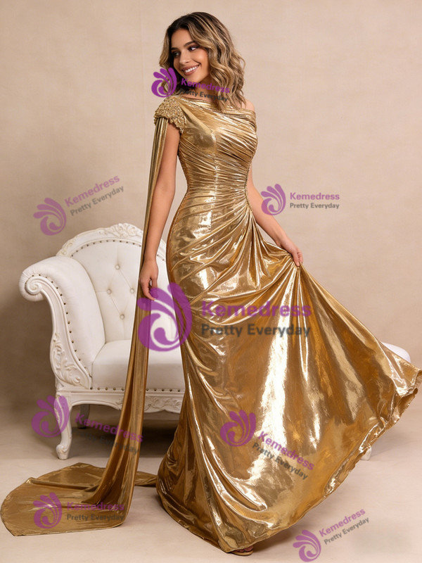 Simple Gold Pleats Beading Prom Dress